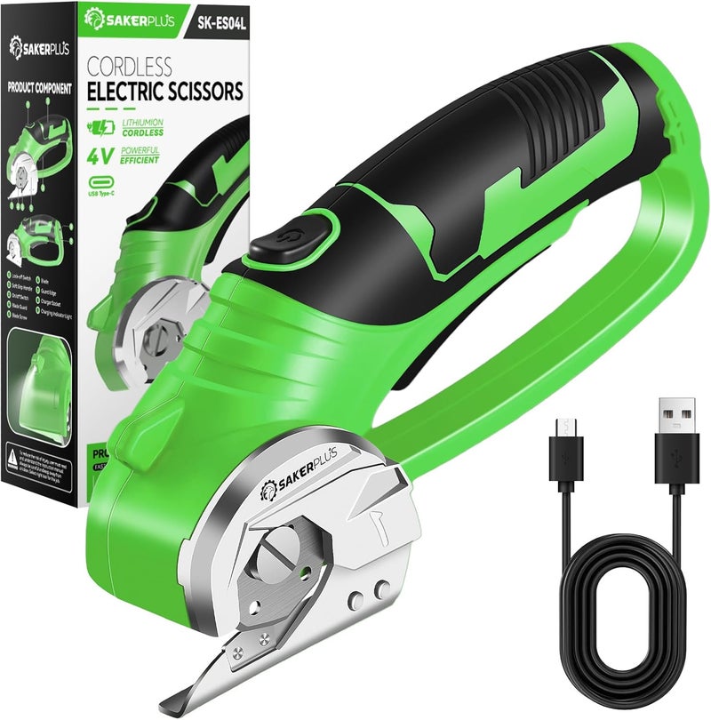 SakerPlus Cordless Electric Scissors,4V Rechargeable Cardboard Box Cutter Heavy Duty Fabric Scissor with Safety Lock & LED Light,Power Rotary Cutter for Leather Carpet Plastic Cutting,Sewing,Crafting - Image 1